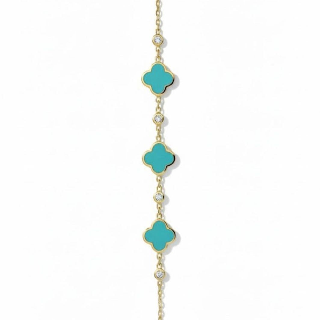 Lucky Charm Diamond & Enamel Four Clover Bracelet (Turquoise)